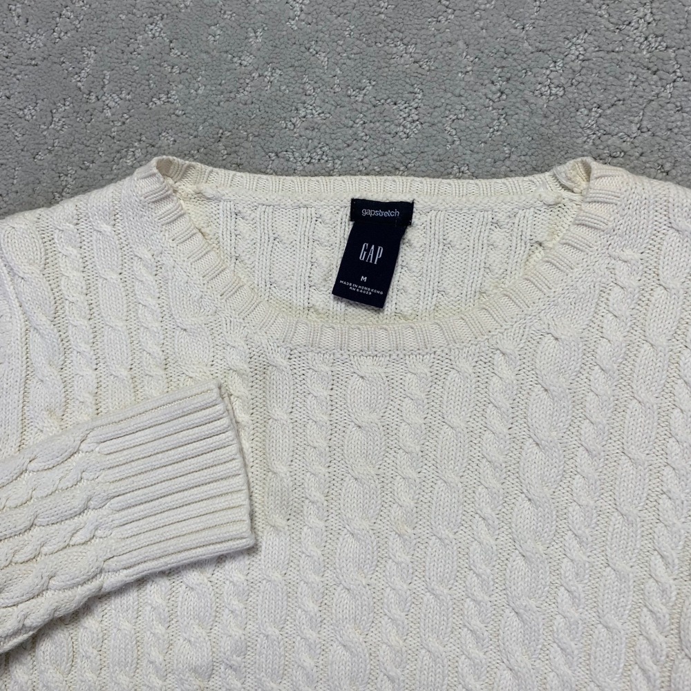 Gap Cable Knit Sweater Womens Medium Cream Crew Neck Long‎ Sleeve Cotton Vtg Y2k